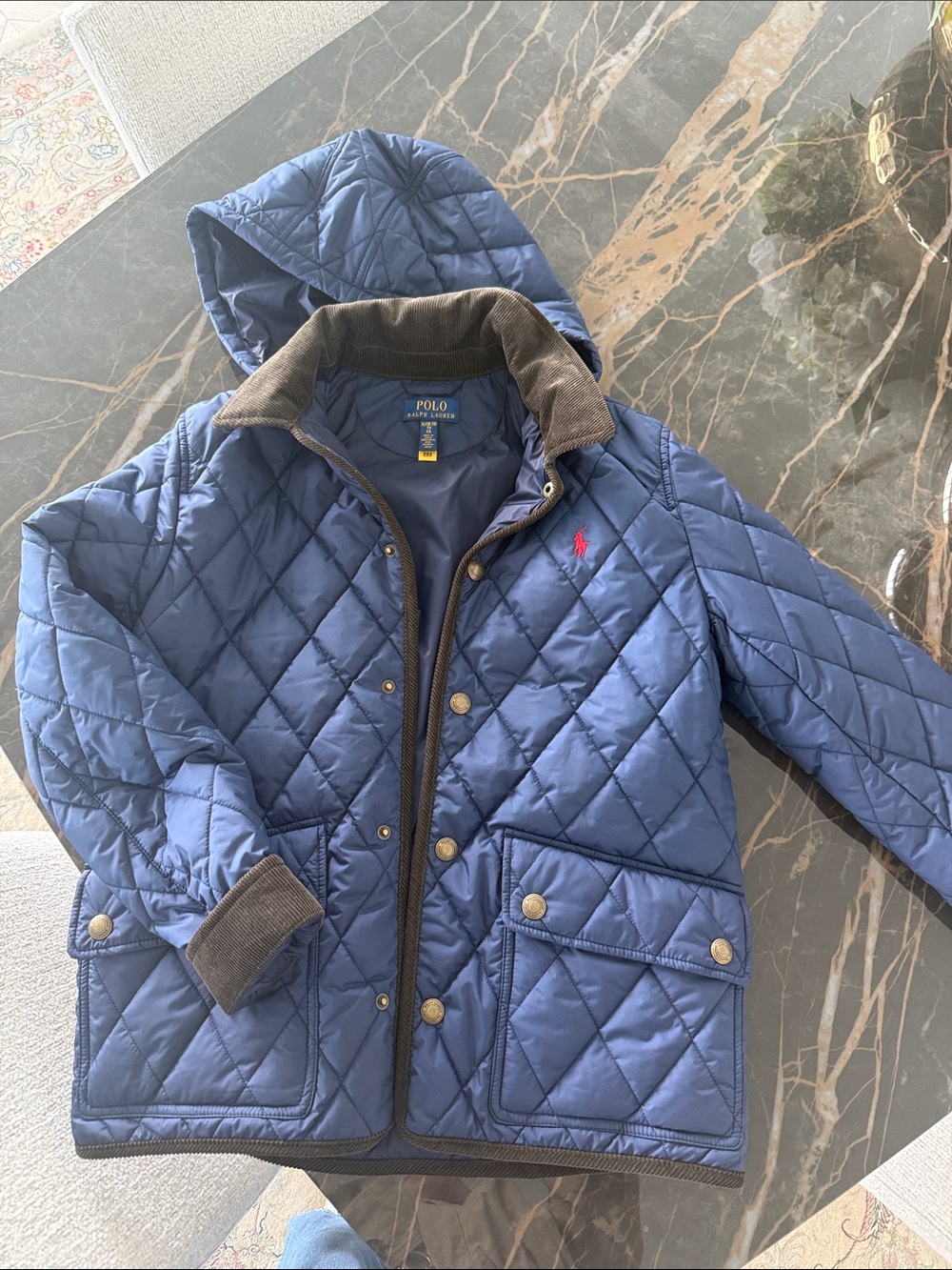 Polo by Ralph Lauren Navy Quilted Hooded Puffer with Charcoal Trim